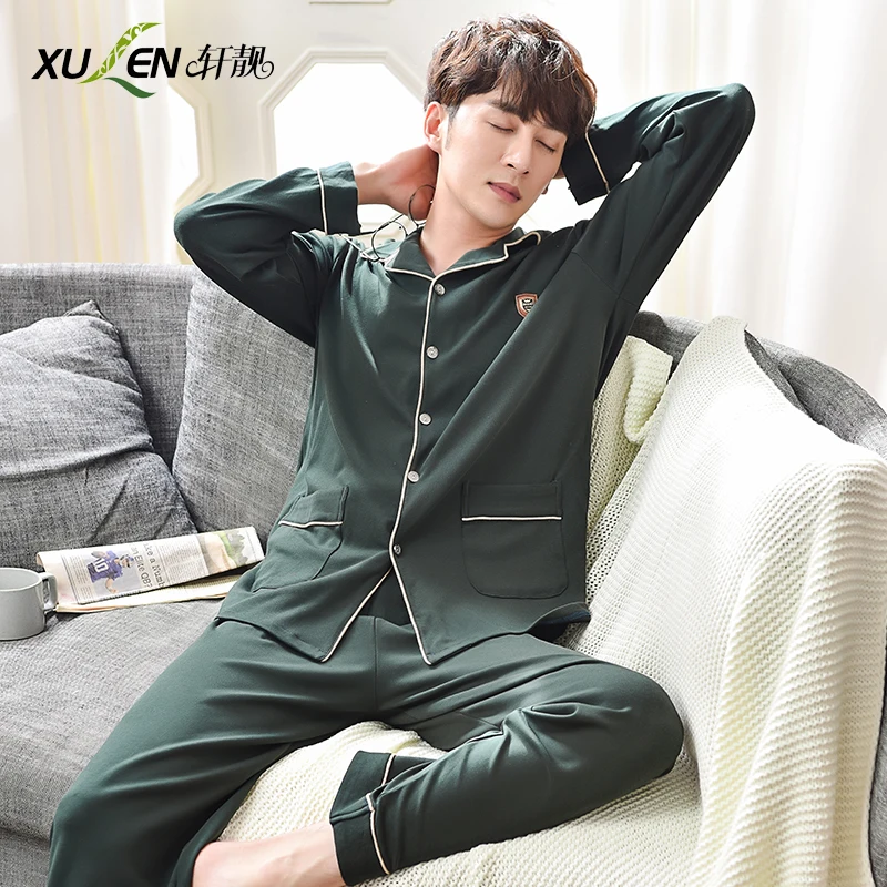 Для мужчин хлопковые пижамы комплект Длинные Весна и осень Ночная одежда плюс размеры дома сна пиджачный