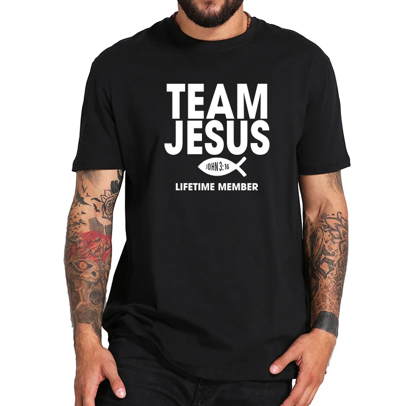 

Team Jesus Tshirt Fish Print Life Time Member Creative Design Faith Element Crew Neck Tops Tee EU Size 100% Cotton