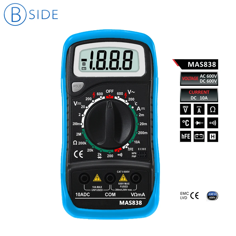 BSIDE Мини Ручной MAS838 2000 отсчетов ЖК дисплей Цифровой мультиметр Напряжение