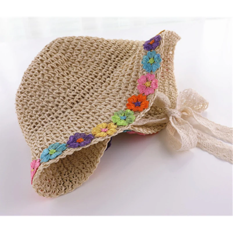 Adorable little girls sunflower embroidery straw cap casual kids simple beach hat for girls clothes accessories children hats