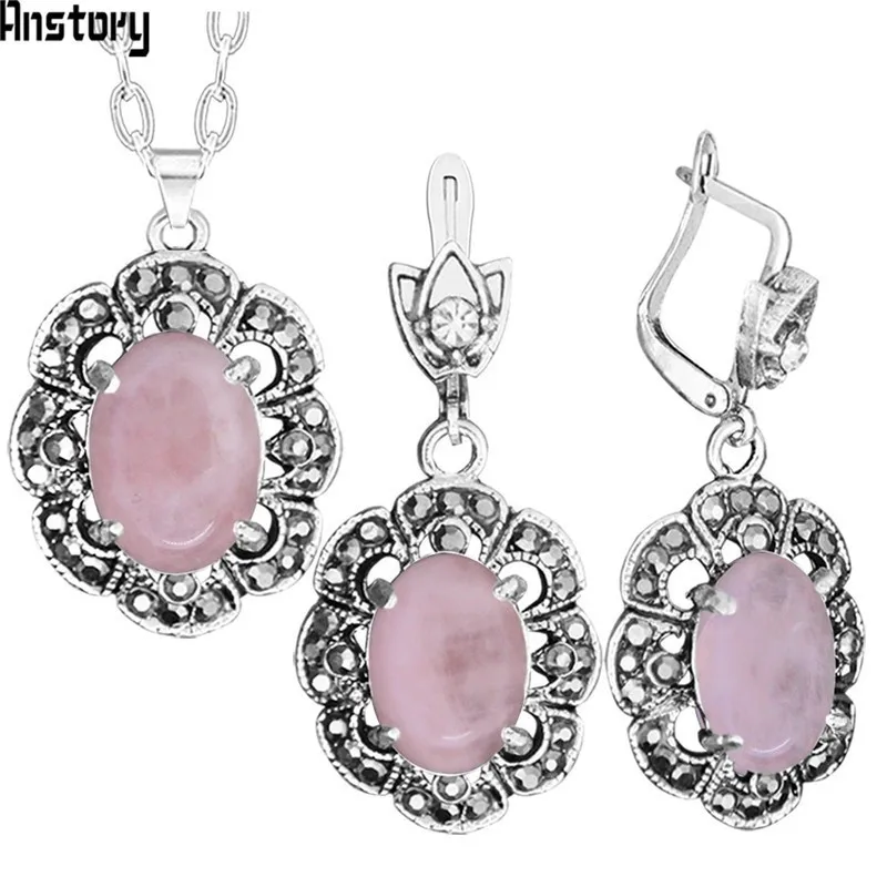 Pink Vintage Natural Pink Quartz Jewelry Set Rhinestone Flower Necklace Earring Antique Sliver Plated For Women Fashion Jewelry - Окраска металла: Pink