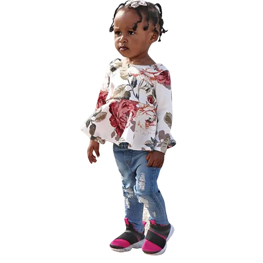 Toddler Baby Girls Floral Rose Print Tops+Denim Pants Outfits Clothes Set girls clothes summer 0328 | Детская одежда и обувь