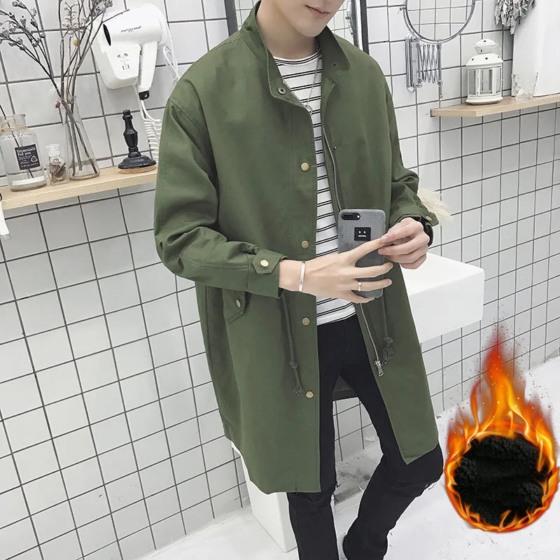 Army green Thick Мужской Тренч, Мужская модная демисезонная Свободная куртка, зимняя мужская повседневная утепленная ветровка, верхняя одежда, Мужское пальто - Цвет: Army green Thick