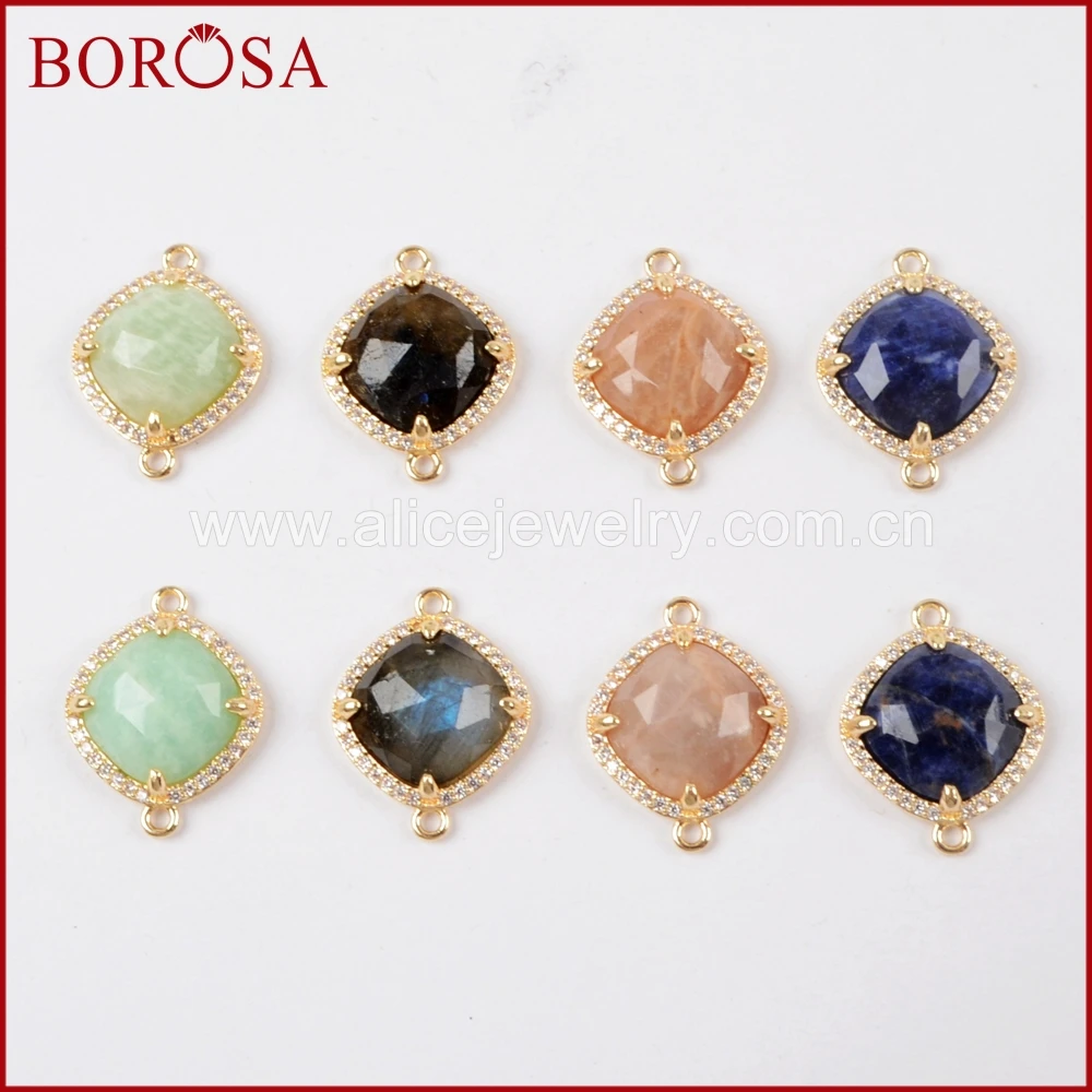 

BOROSA Wholesale 15PCS CZ Micro Pave rhombus Gems Stone Connector Double Charms Pendant Jewelry for Necklace DIY WX973