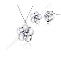 fast ship white genuine fine 925 sterling silver jewelry sets chain cubic zirconia cz necklace pendant sud earring