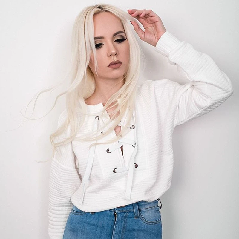 

Autumn Street Fashion Nice Lace Up Neck White Hoodie Sweatshirt Pokemon Women Suits Shouler Long Sleeve Tracksuit A428