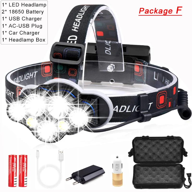 Package F 40000LM мощная фара USB заряжаемый прожектор 7 светодиодный фонарь Водонепроницаемый лобовой фонарь Головной фонарь фонарик Фонарь - Испускаемый цвет: Package F