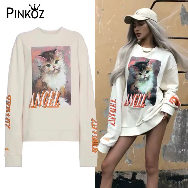 Pinkoz Повседневное Кот печати по Женский толстовки осень-зима с рисунками зверей из мультфильмов с длинным рукавом безразмерная кофты - Color: Beige