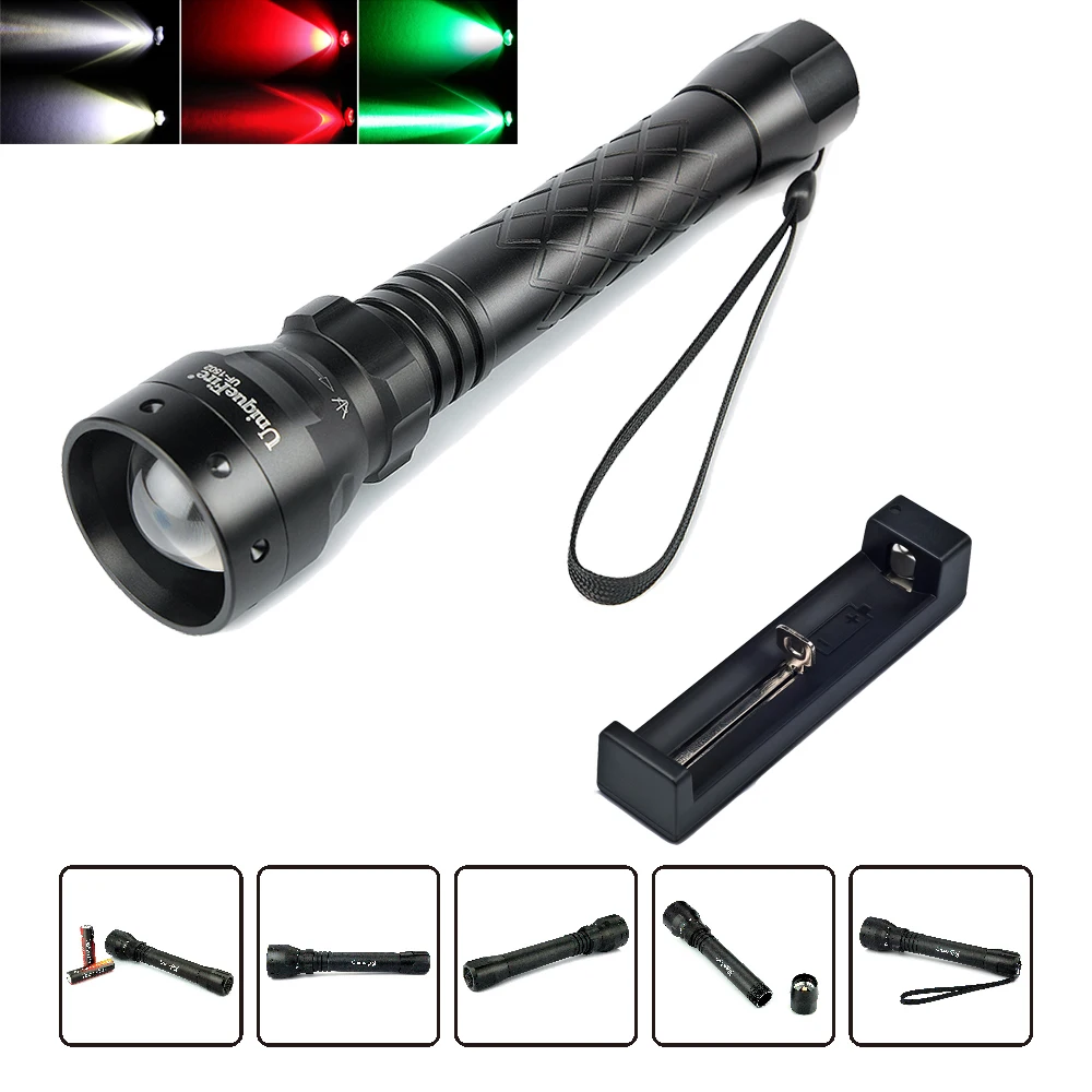 

UniqueFire Waterproof Flashlight 1502 Zoom 3 Modes XRE Led (G/W/R) Light 300LM Rechargeable 38mm Convex Lens Torch+Charger