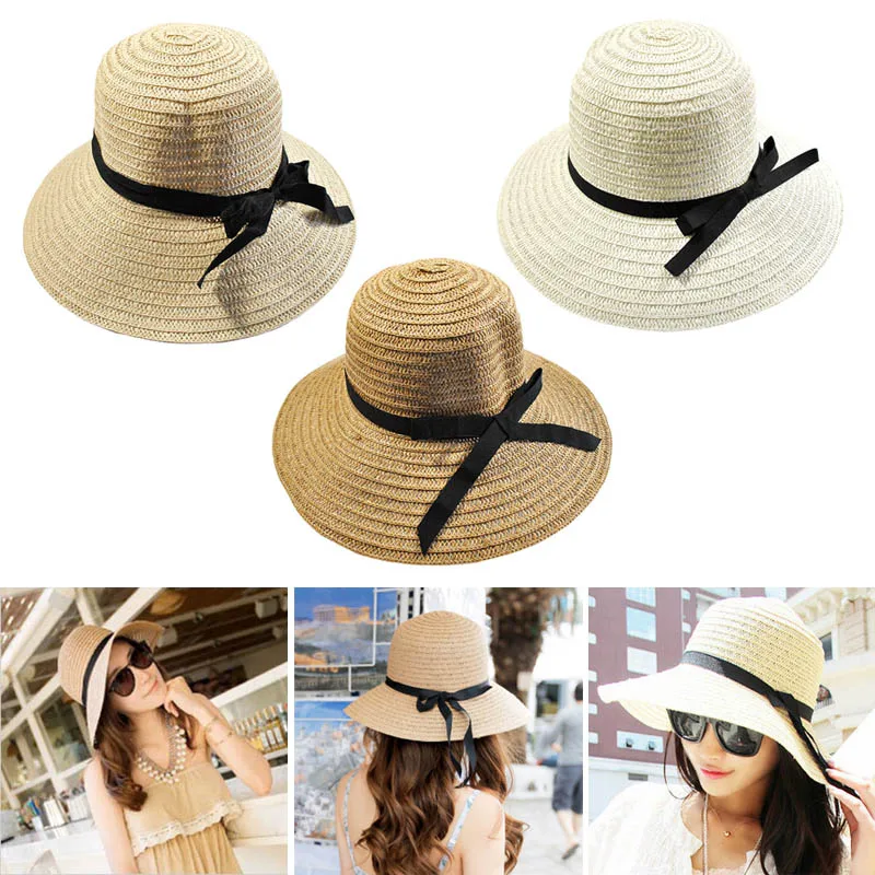 

Women Straw Hat Foldable Wide Brim Bow Knot Casual Sun Cap 2019 New Fashion Women's Summer Hat Chapeau Femme Ete