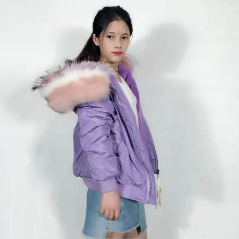 

New Lovely Design Colorful Big Size Raccoon Collar Purple Short Bomber Jacket for Women