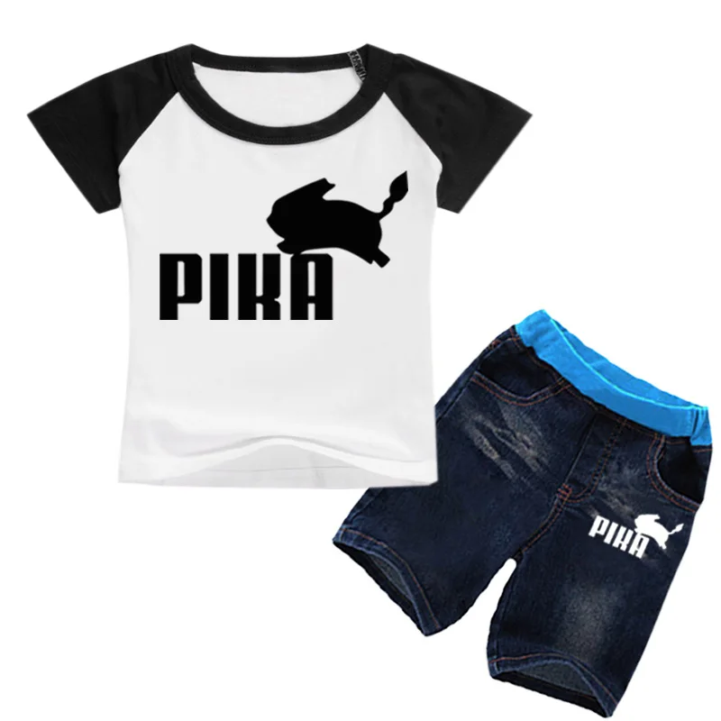 color 11 DLF От 2 до 16 лет новая одежда для мальчиков и девочек Летняя футболка с рисунками из мультфильмов ручной работы, аниме Pika футболка+ Джинсовые шорты Одежда 2 шт. с изображением покемонов для Детская джинсовая одежда - Цвет: color 11