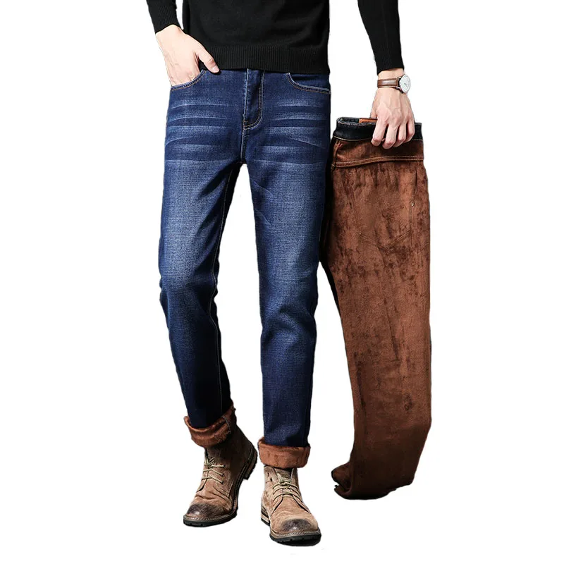 Фото Осенне зимние мужские плотные флисовые прямые Умные повседневные джинсы модные