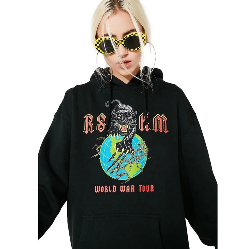 HDY Haoduoyi Women Black Sweatshirts Long Sleeve Animals Letters Printed Back Pocket Front Female Loose Cotton Hoodies | Женская одежда