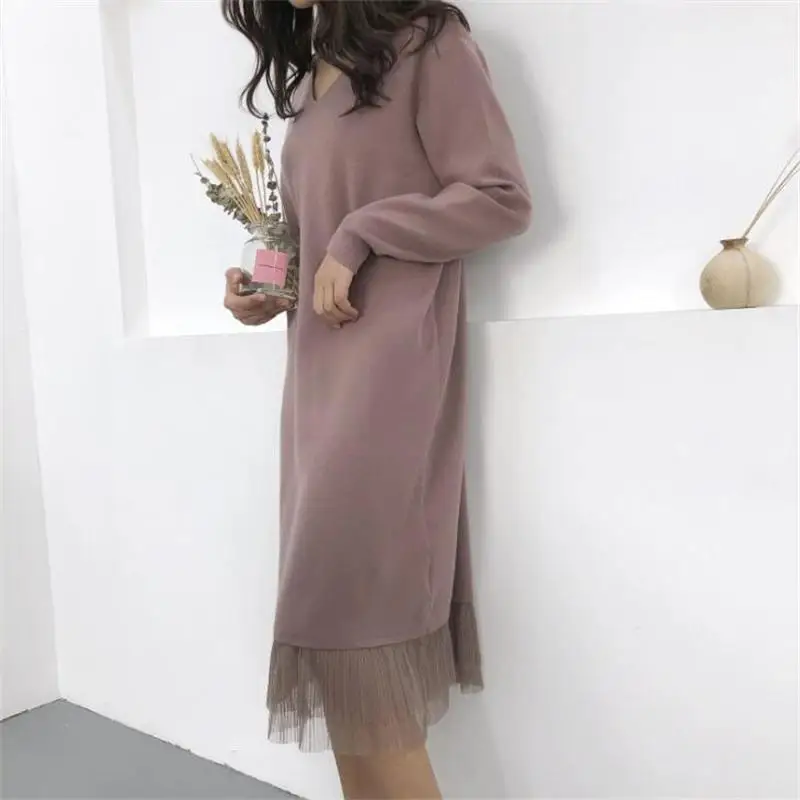 grey pink Женская одежда Новое поступление женские весенне-осенние с v-образным вырезом Длинные Стильные сетчатые трикотажные платья-свитера женксие кофты платье - Цвет: grey pink