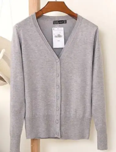 Baharcelin 4XL 5XL, большой размер, Женский Осенний вязаный кардиган для девочек, длинный рукав, вязаные свитера, v-образный вырез, базовый кардиган, топы, джемпер - Цвет: light grey