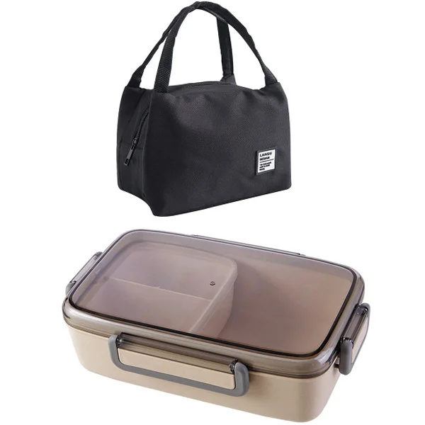 beige black Портативная микроволновая коробка для ланча, контейнер для еды из бамбукового волокна, герметичная коробка для бэнто, 3 самостоятельные решетки, школьная коробка для ланча для пикника - Цвет: beige black
