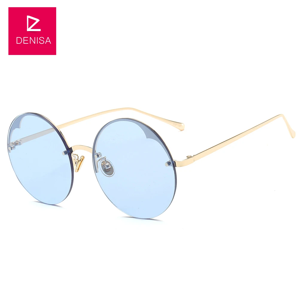 Gold Blue DENISA, модные, унисекс, Ретро стиль, круглые солнцезащитные очки, для женщин и мужчин, стимпанк, без оправы, очки, черные, красные, солнцезащитные очки, UV400, zonnebril, G17075 - Цвет линз: Gold Blue