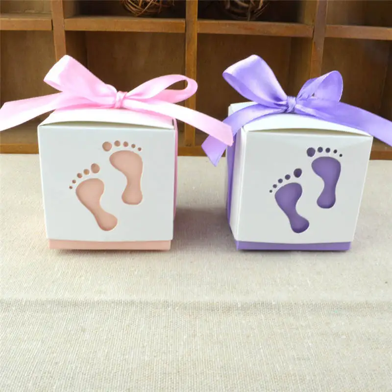 Creative Baby Foot Candy Box footprints candy packaging hollow box Free Ribbon Gift Baptism Container 50pcs | Дом и сад