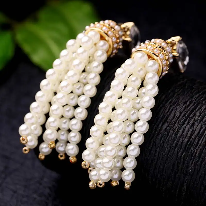 

2020 Trendy Oval Crystal Pearl Beaded Tassel Earrings for Women