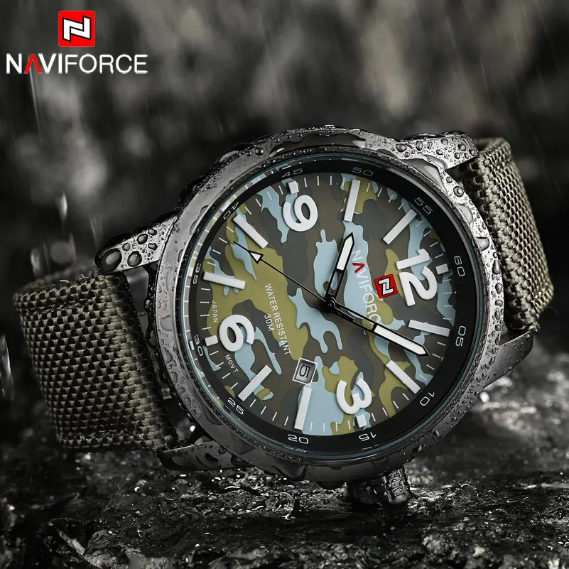 NAVIFORCE Брендовые мужские военные спортивные часы, мужские армейские камуфляжные кварцевые часы, нейлоновые водонепроницаемые часы с календарем, мужские часы