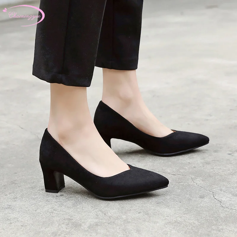 

Korea casual style sexy pointed toe flock pumps fashion slip-on black beige pink medium heel thick women's shoes big size