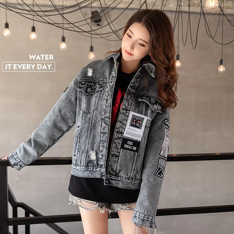 

Patchwork Vintage BF Denim Jacket Women Spring Basic Coat Holes Loose Jeans Jacket Single Breasted coats and jackets women