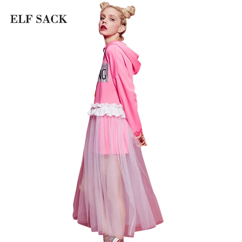 ELFSACK с капюшоном, женские кружевные платья, Осенние, с рюшами, с принтом, милые, с длинным рукавом, женские платья, до середины икры, для девушек, платья для вечеринок