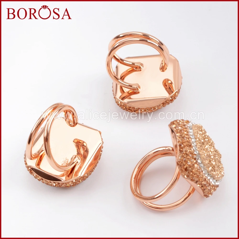 

BOROSA New High Quality 10PCS Rhinestone Pave Rose Gold Druzy Ring Drusy Jewelry Adjustable Rings Gifts for Women 2018 JAB918