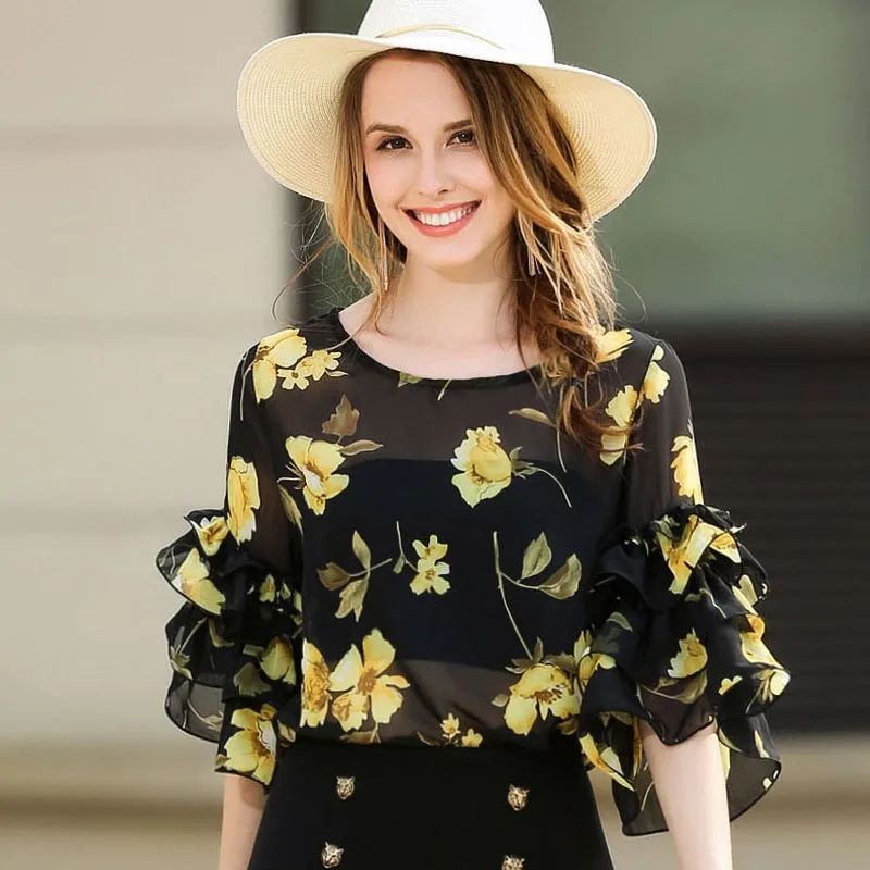 {Guoran} Loose Chiffon Blouses Women Summer 2017 New plus Size Femme Shirts Floral Printed Ladies Tops 2XL Clothings |