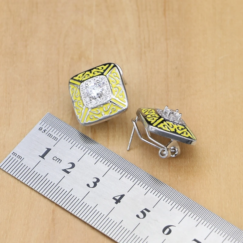 925 Silver Bridal Jewelry Cubic Zirconia Sets Yellow Rubber PpaintFor Women Earrings Stone Pendant/Rings/Necklace Set | Украшения и