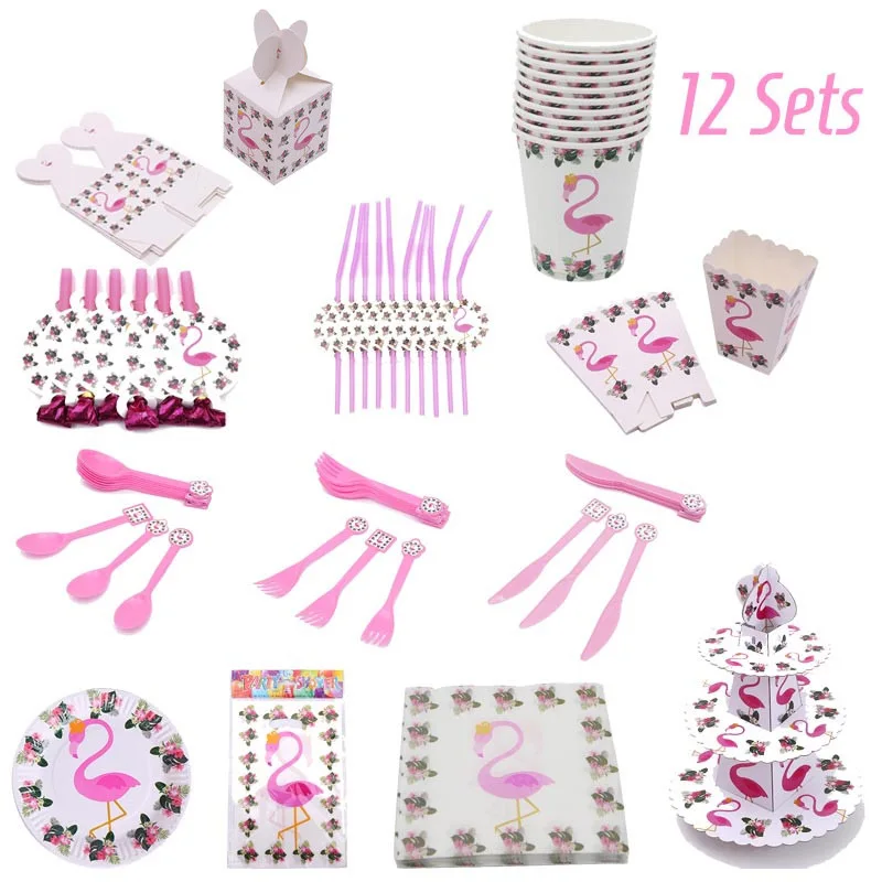 12 Whole Sets Фламинго вечерние столовые приборы набор одноразовые бумажные салфетки чашка тарелка Дети День рождения Лето Гавайские вечерние Декор латексные воздушные шары - Цвет: 12 Whole Sets