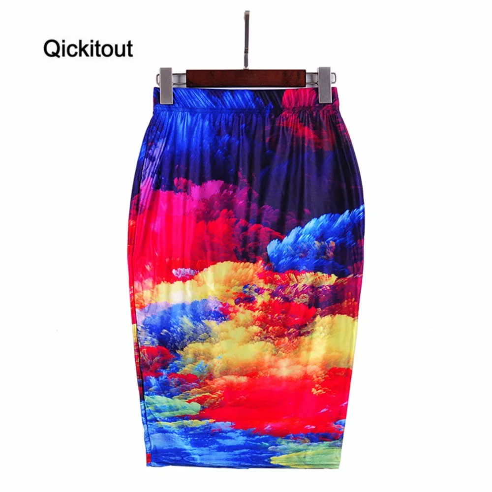 Qickitout посылка, модная юбка, Новое поступление, женские юбки с 3D принтом, сексуальные юбки с высокой талией, цветная, с принтом неба, посылка на бедрах