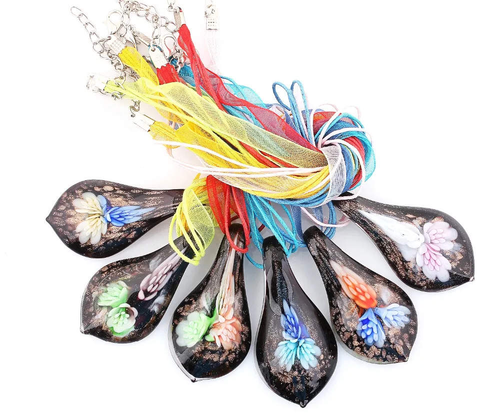 

QianBei Fashion Beauty Wholesale 6pcs Handmade Murano Lampwork Glass Mixed Color Flower Inside Pendants Charms Necklaces NEW