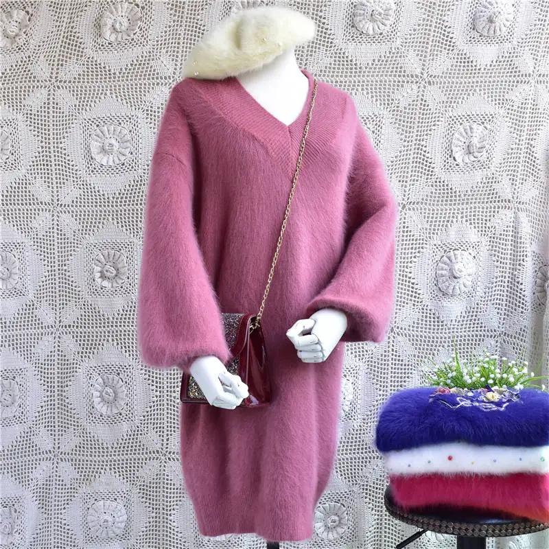 length82 chest106cm Женское модное повседневное длинное платье-свитер с v-образным вырезом из плюша с кроличьим мехом ангоры, вязаный пуловер с рукавами-фонариками, зимнее платье - Цвет: length82 chest106cm