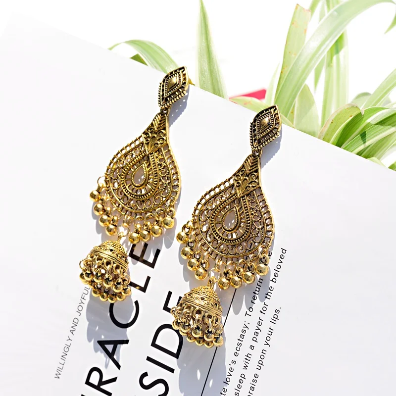 Этнические женские индийские серьги Jhumka, винтажная Капля воды, висячие серьги, классический полый фонарь с кисточками, дворец Orecchini Donna