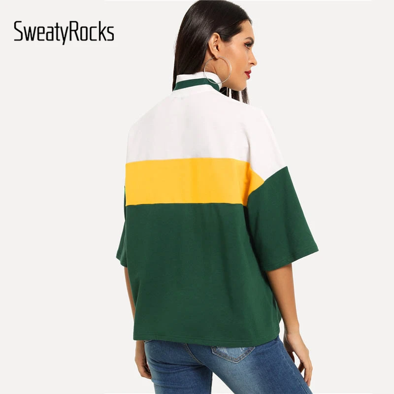 SweatyRocks, полупланка, цветная, с буквенным принтом, женская футболка, три четверти, длина рукава, топы, уличная одежда, стоячий воротник, повседневные футболки