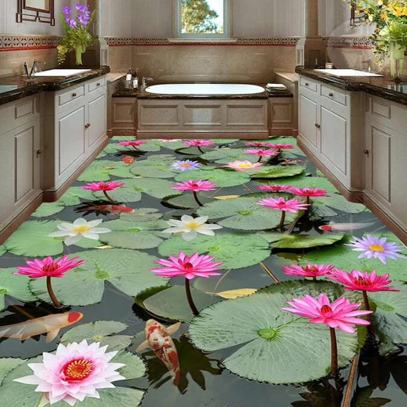 

Kitchen Bathroom PVC Self Adhesive Waterproof Floor Murals Wallpaper Chinese Style Lotus Leaf Carp 3D Floor Tile Papel De Parede