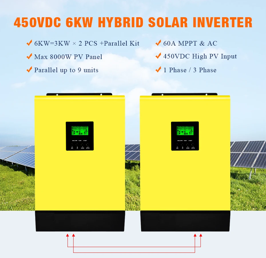 POWLAND Solar inverter 48V 6000W 220V 450Vdc PV Input 60A Grid Tied Hybrid Inverter MPPT Solar Charger 60A Battery Charger