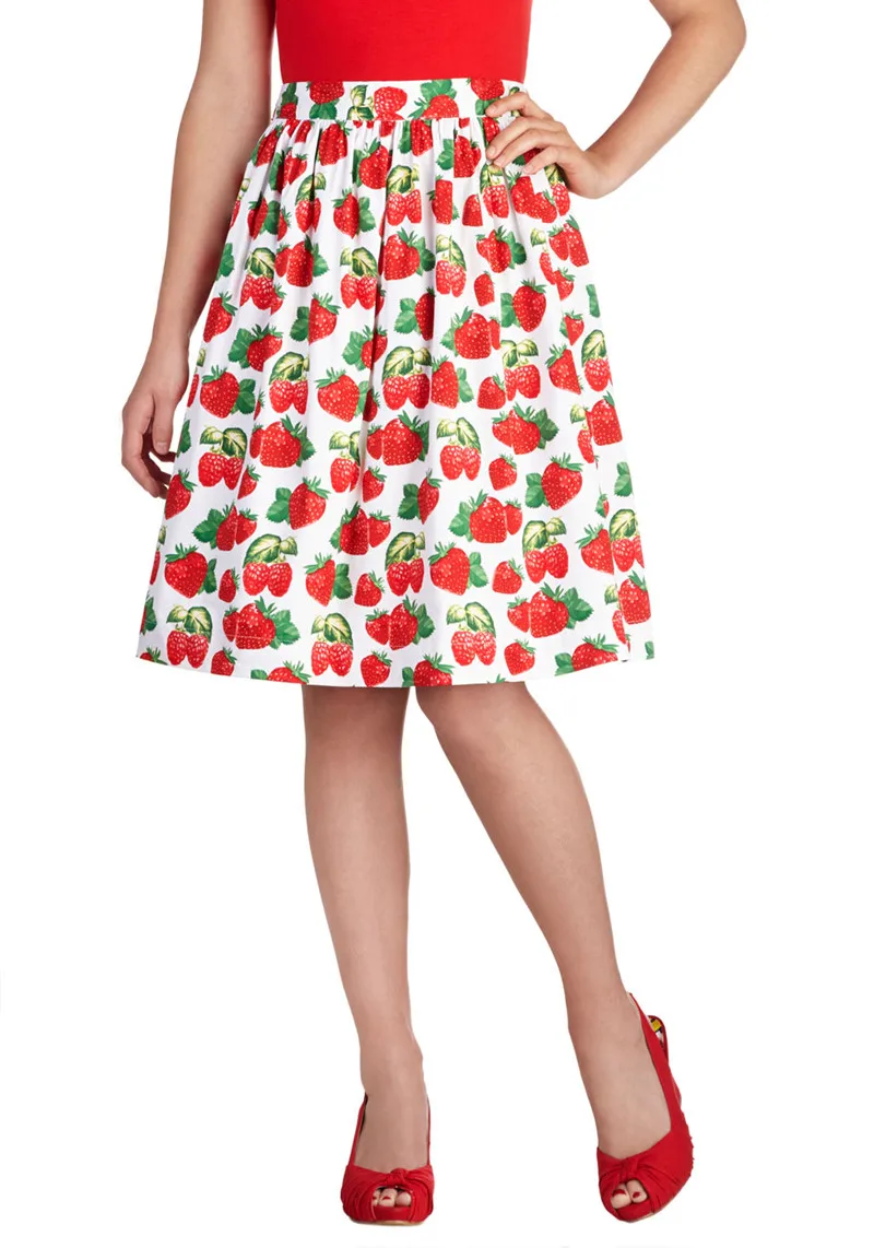 

women vintage white strawberry print high waist a-line swing midi skirt plus size saias cotton rockabilly pinup skirts