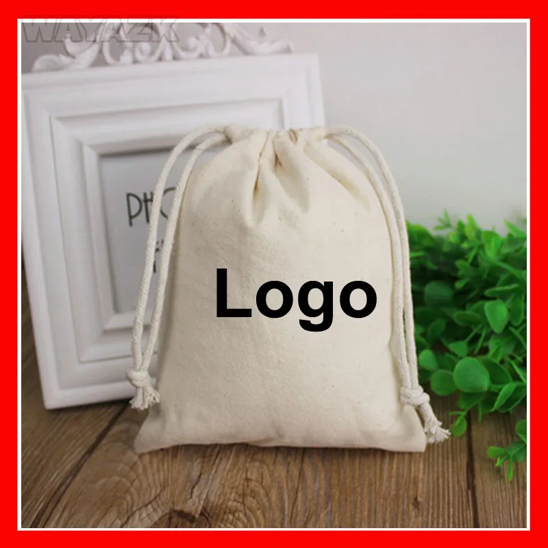 100Pcs Custom Cotton Makeup Logo Bags Cloth Fabric Gift Pouch Bags with Your Business Logo Printed