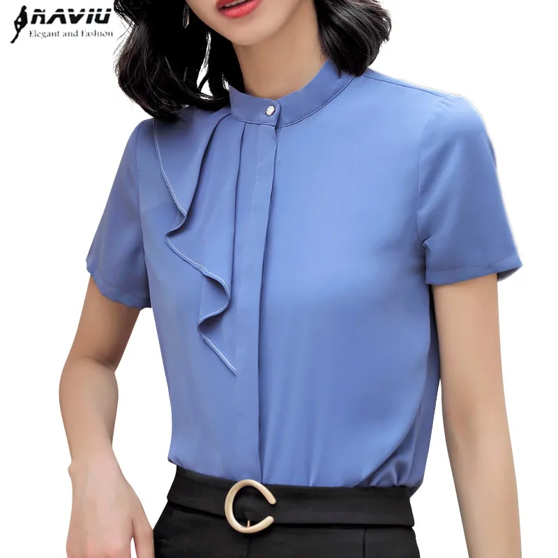 Женская шифоновая блузка с воротником стойкой элегантная приталенная деловая