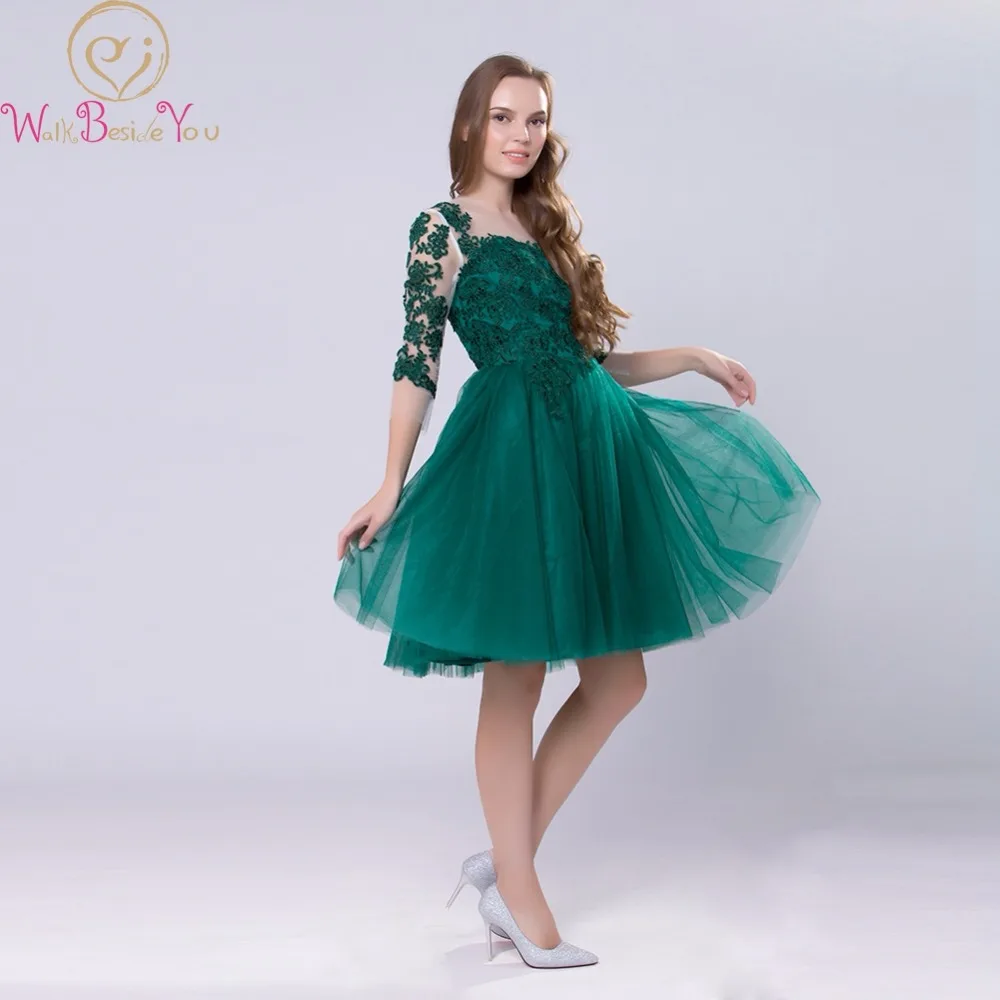 Walk Beside You платья для выпускного вечера зеленые тюлевые кружевные аппликации прозрачные рукава три четверти Короткие мини-а-образные вечерние платья