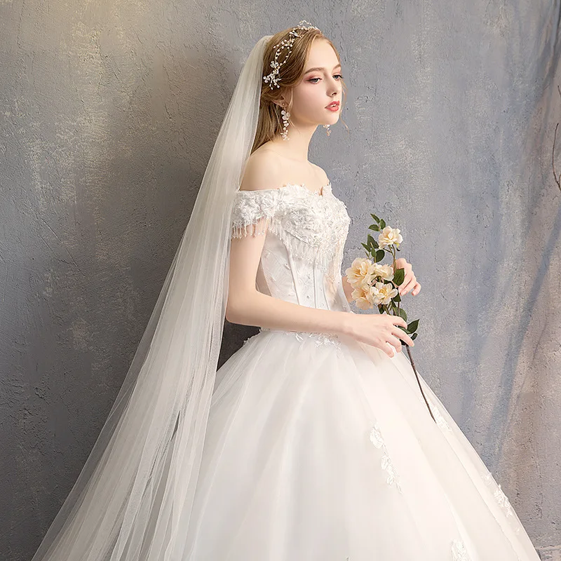 2019 свадебное платье новое Mrs Win лодка бальное с круглым вырезом открытыми плечами