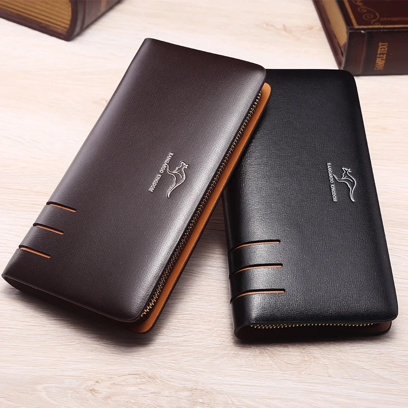 

KANGAROO KINGDOM fashion split leather men wallets long business male clutch purse zipper card holder wallet