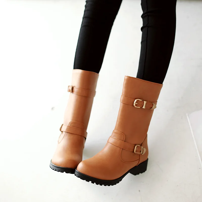 

JK Casual Motorcycle Boots Women Round Toe Mid-Calf Boot Ladies Thick Heels Med Shoes Female Buckle Metal Shoes Winter 2019 New