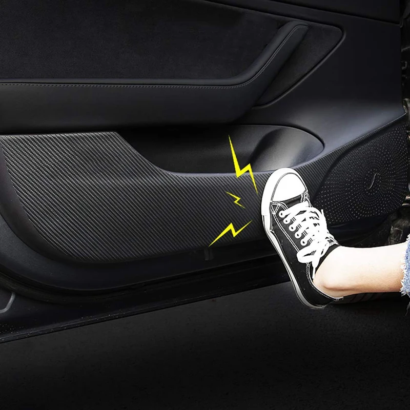 For Tesla Model 3 Door Anti-Kick Mat Leather Carbon Fiber Protector(4 Pcs/Set)Car Interior Accessories |