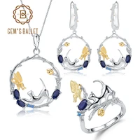 gems ballet 925 sterling silver ring earrings pendant sets natural blue sapphire handmade cat butterfly jewelry set for women