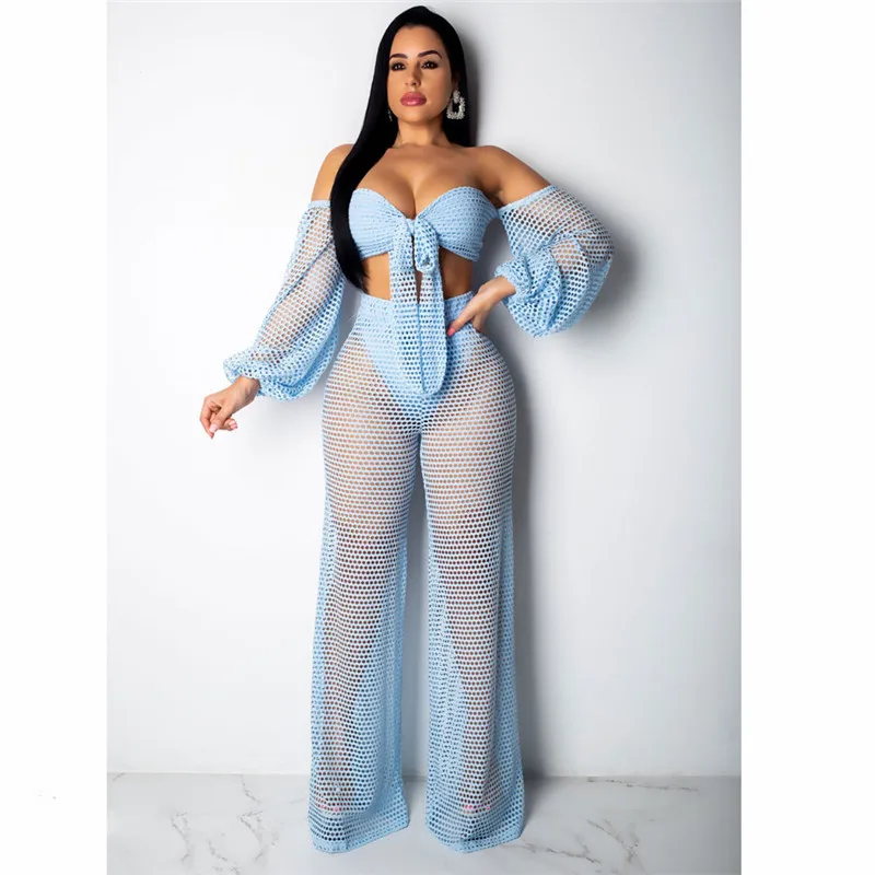 Женский Вязаный комбинезон с широкими штанинами длинные брюки сетчатый