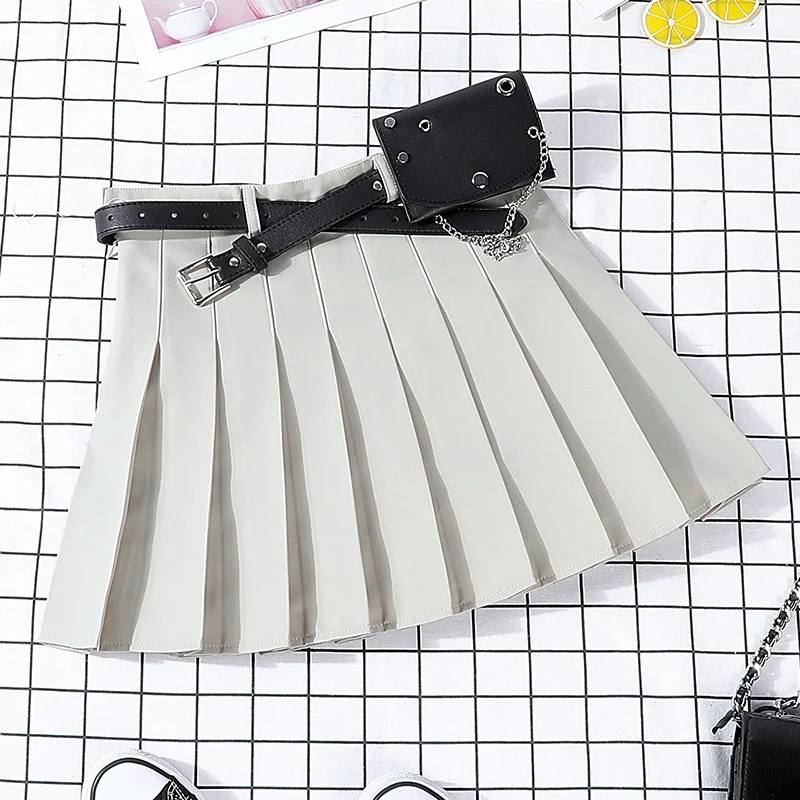 New Hip-hop Women's Harajuku Pleated Skirt Gothic Black High Waist Mini Skirts Cute Girls Punk A Line Short Skirt With Belt - Цвет: Light green